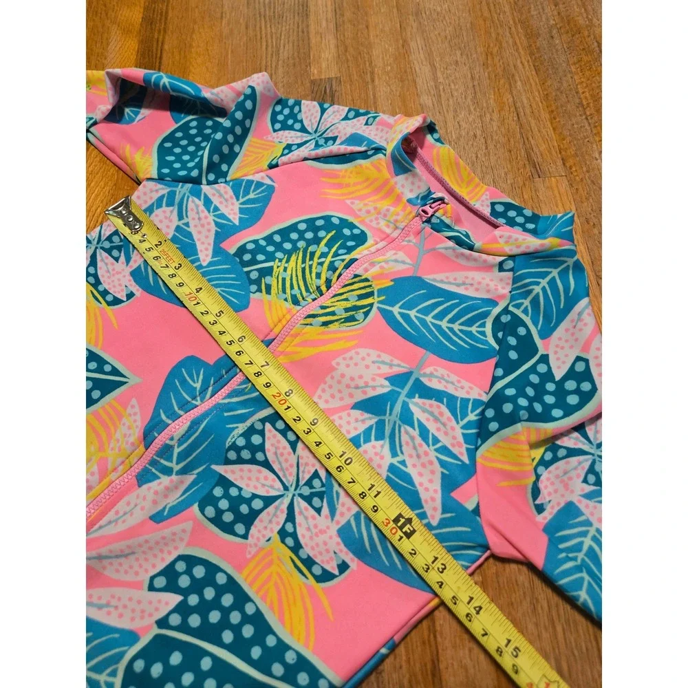 Girls 10 Floral Tropical Long Sleeve One Piece Rash Guard Zip Front Swimsuit